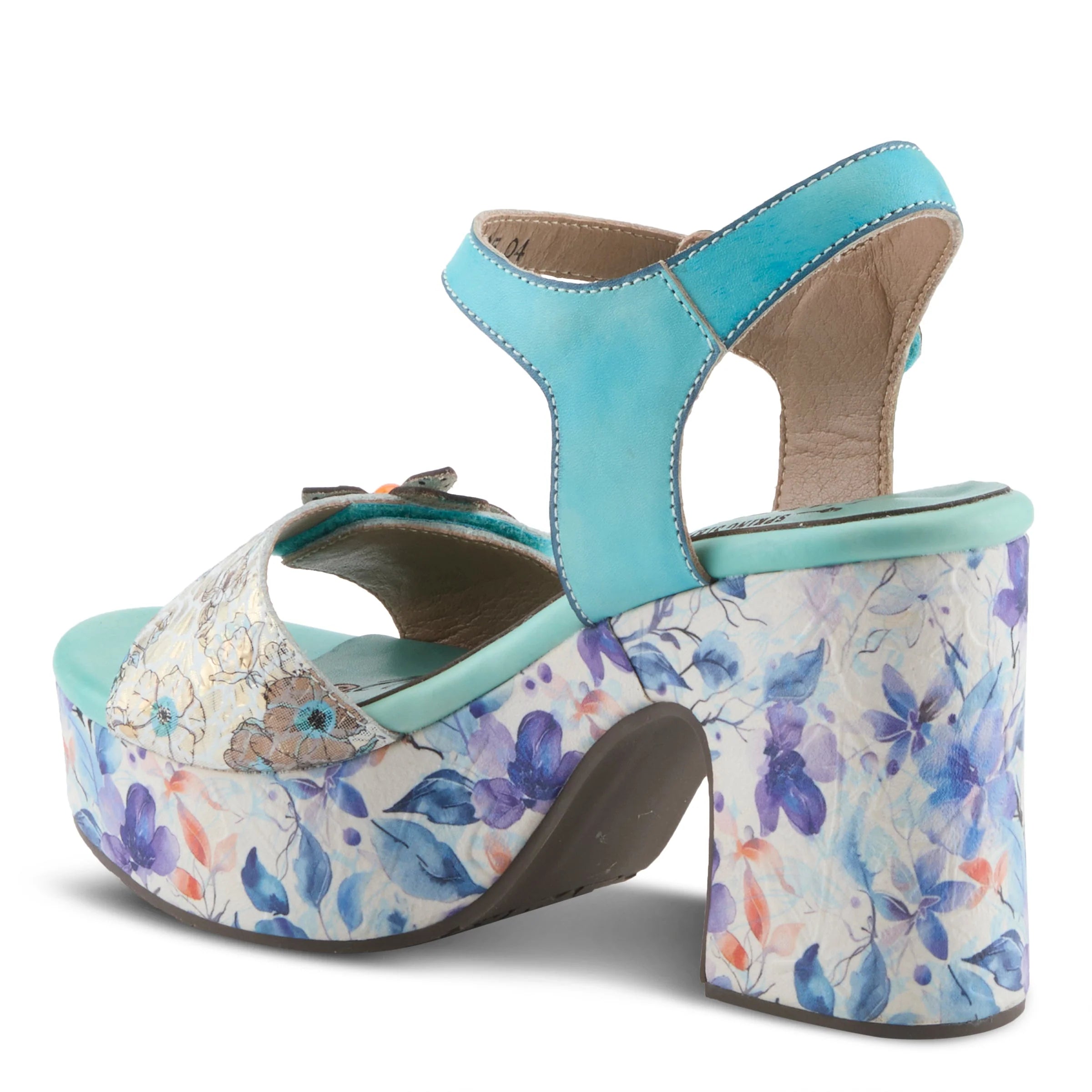 Colorful turquoise high-heeled shoe with floral pattern side