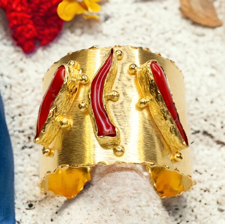 Ancient Bazaar Gold Plated Brass Cuff with Coral