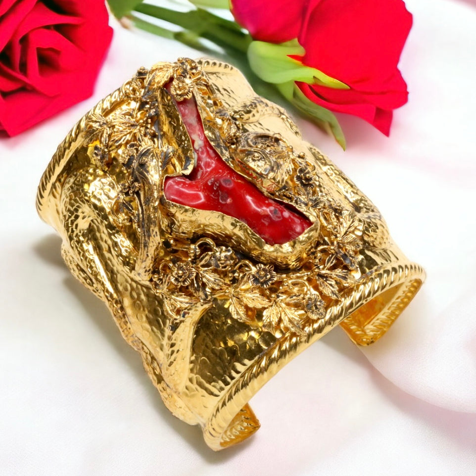 Ancient Bazaar Gold Plated Brass Cuff with Coral
