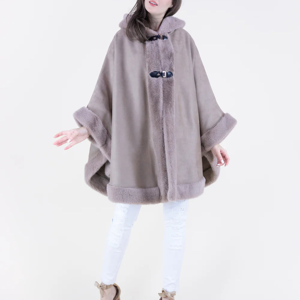 Original USA Vegan Suede & Fur Trim Hooded Cape with Buckles