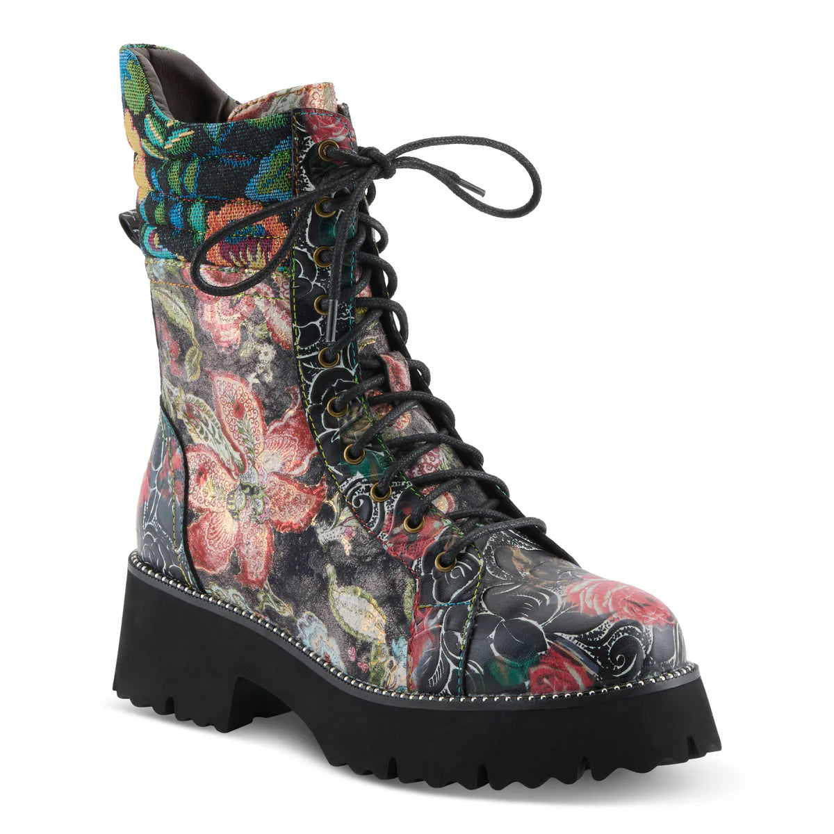 A lace-up ankle combat boot featuring a vibrant multicolor floral and paisley print on a black base, with a chunky black lug sole.