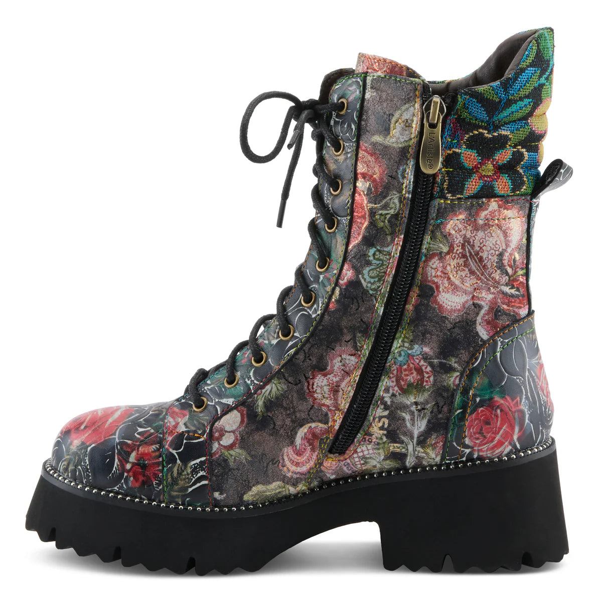 Floral patterned boot with a black sole on a white background featuring side zipper