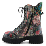 Floral patterned boot with a black sole on a white background featuring side zipper