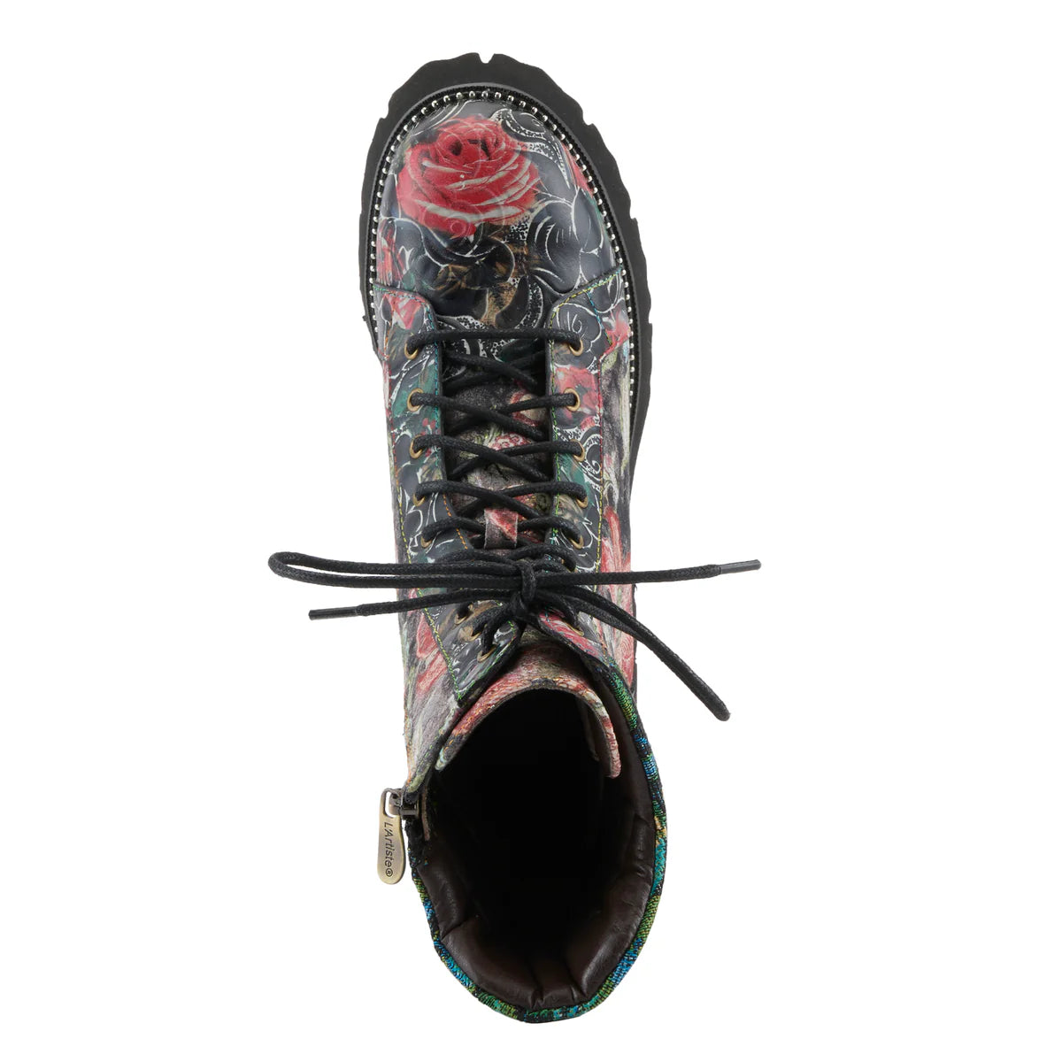 A single lace-up ankle boot shown from a top-down view on a white background. The boot features a glossy black upper with a detailed floral and rose pattern in red, pink, and green, black laces, a black sole, and a visible silver zipper pull on the side.