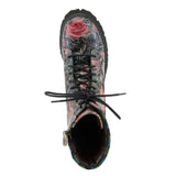 A single lace-up ankle boot shown from a top-down view on a white background. The boot features a glossy black upper with a detailed floral and rose pattern in red, pink, and green, black laces, a black sole, and a visible silver zipper pull on the side.