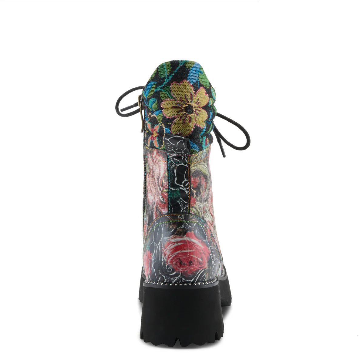A single lace-up ankle boot shown from the back on a white background, featuring a black sole and heel, a floral print shaft with red roses and green leaves, and a highly embroidered floral collar in yellow, blue, and green.