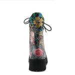 A single lace-up ankle boot shown from the back on a white background, featuring a black sole and heel, a floral print shaft with red roses and green leaves, and a highly embroidered floral collar in yellow, blue, and green.