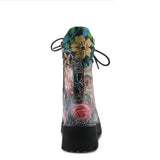 A single lace-up ankle boot shown from the back on a white background, featuring a black sole and heel, a floral print shaft with red roses and green leaves, and a highly embroidered floral collar in yellow, blue, and green.