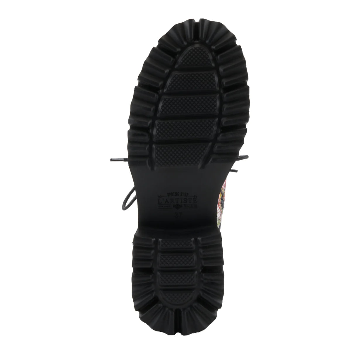 Black boot sole with brand logo on a white background
