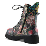 Floral patterned boot with a black sole on a white background