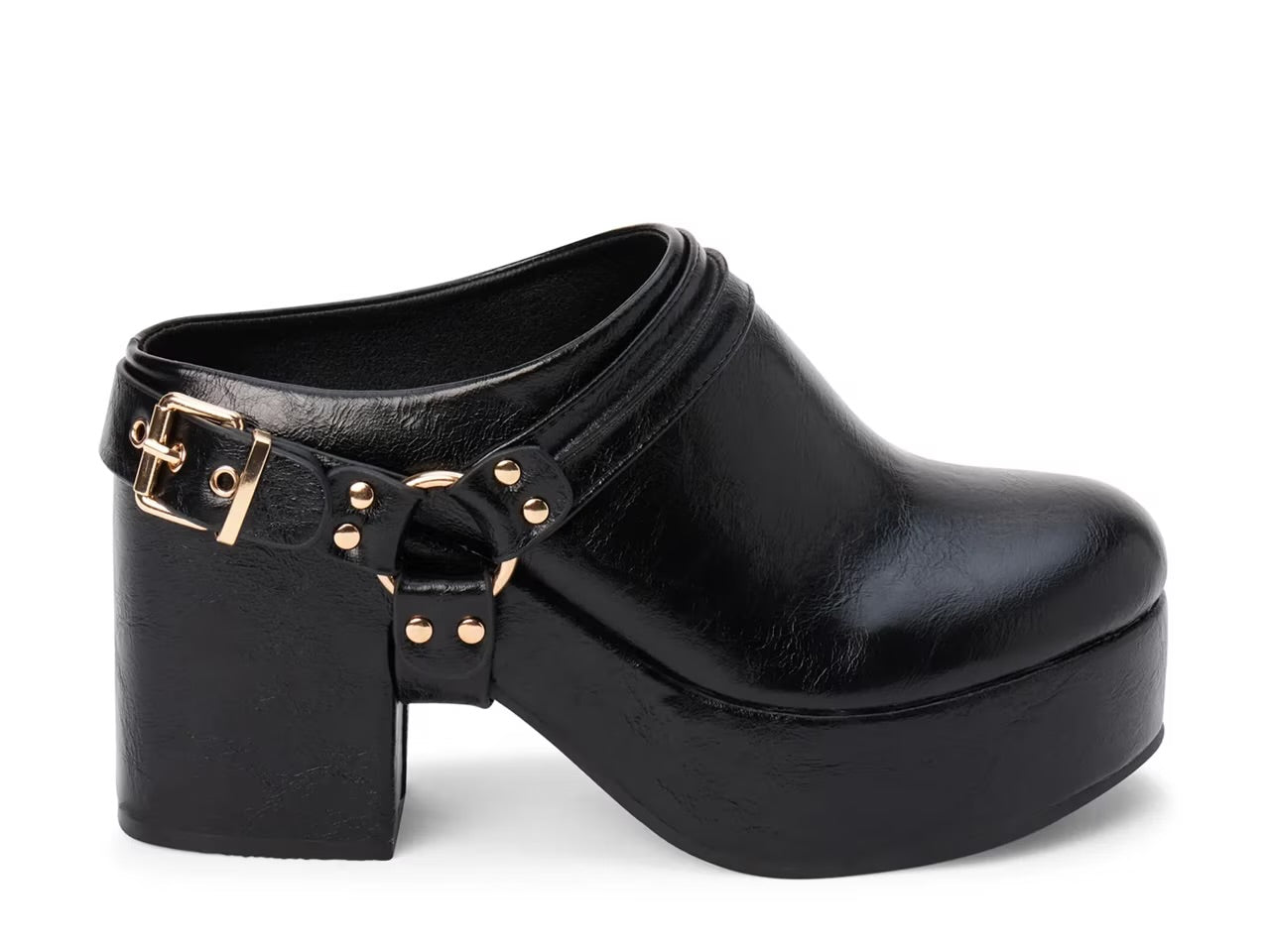A black leather platform clog shoe with a chunky block heel, a decorative strap across the instep featuring gold-tone studs and a buckle, and a rounded toe, shown against a plain white background.