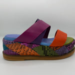 Multicolored sandal with patterned snake skin sole close-up