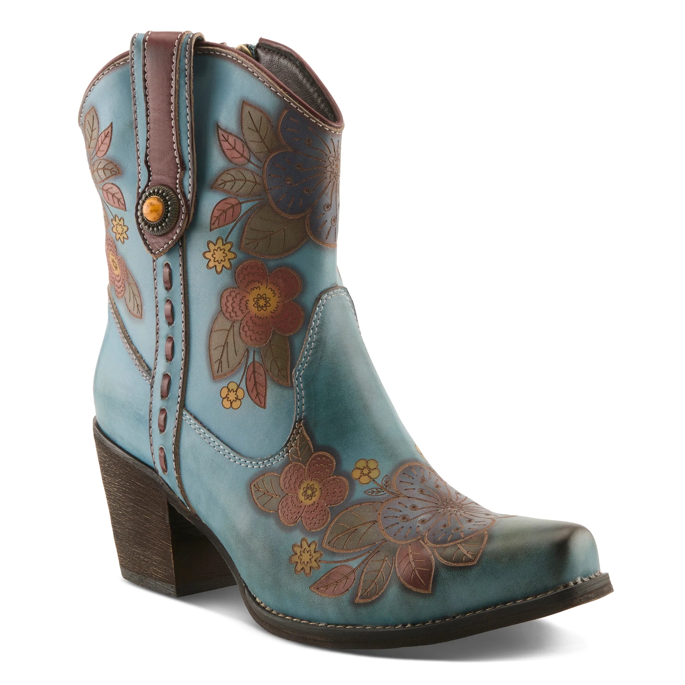 Blue cowboy boot with floral patterns on a white background