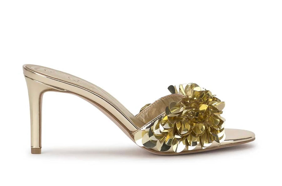Gold high-heeled shoe with gold sequin embellishments close-up