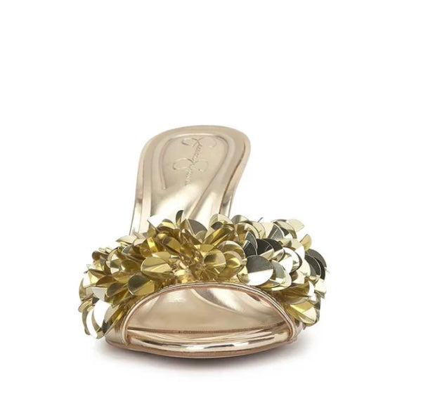 Gold high-heeled shoe with gold sequin embellishments toe box