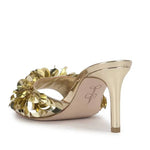 Gold high-heeled shoe with gold sequin embellishments heel view