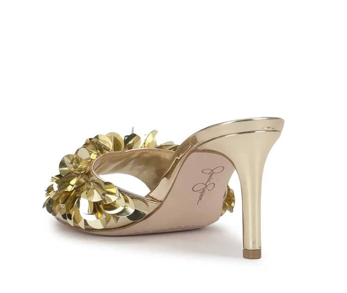 Gold high-heeled shoe with gold sequin embellishments heel view