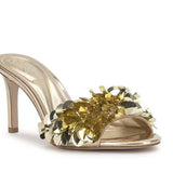 Gold high-heeled shoe with gold sequin embellishments front view