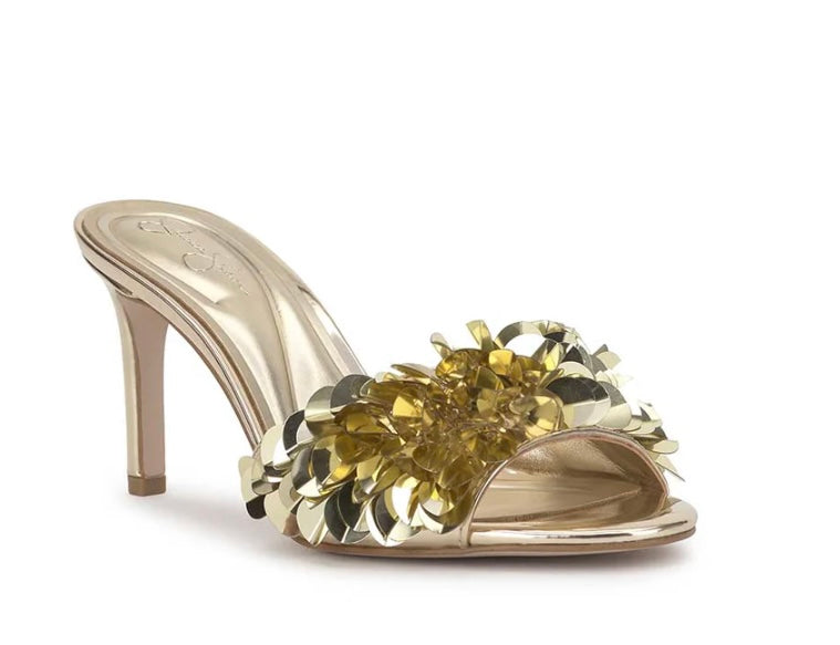 Gold high-heeled shoe with gold sequin embellishments front view