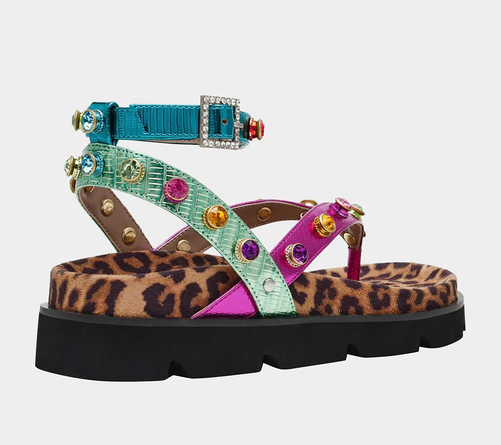 Multicolored sandal with leopard print sole heel view