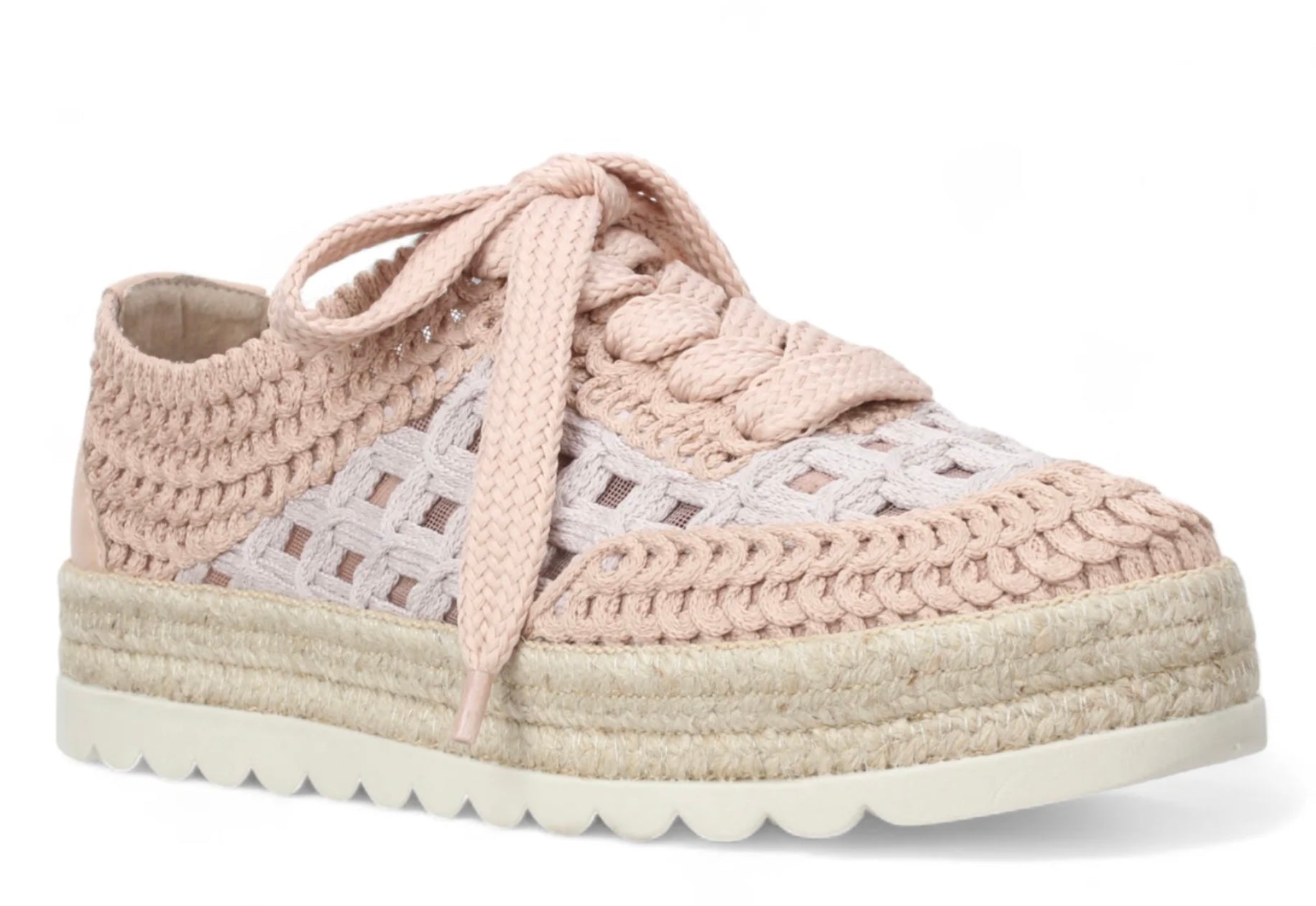 Pink woven sneaker with textured sole front view