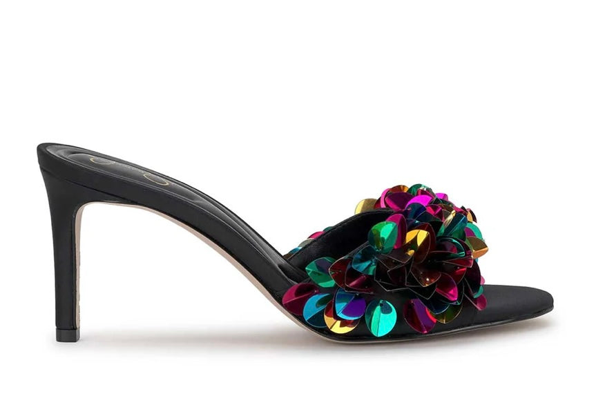 Black high-heeled shoe with colorful floral sequin embellishments close-up