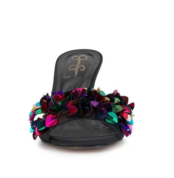Black high-heeled shoe with colorful floral sequin embellishments toe box