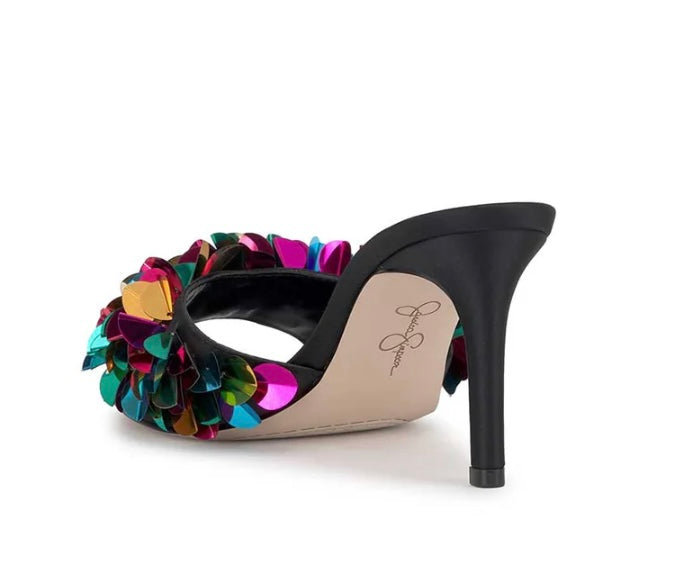Black high-heeled shoe with colorful floral sequin embellishments heel view