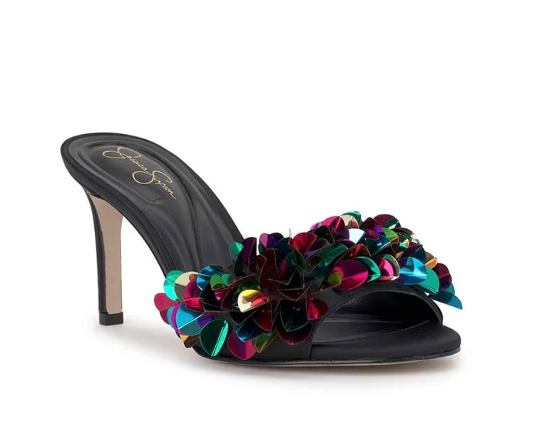 Black high-heeled shoe with colorful floral sequin embellishments front view