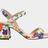 Colorful floral-patterned heel with buckle closure  tight view