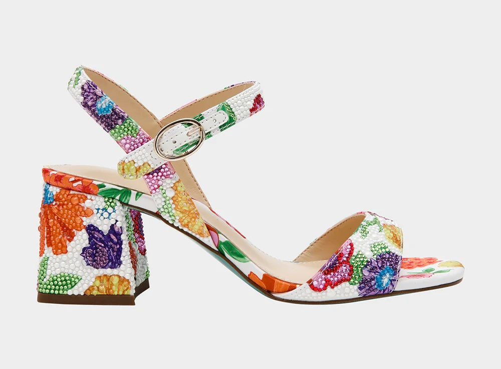 Colorful floral-patterned heel with buckle closure  tight view