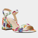 Colorful floral-patterned heel with buckle closure side view