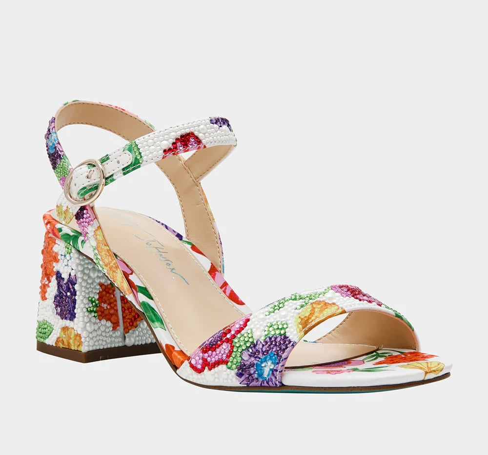 Colorful floral-patterned heel with buckle closure side view