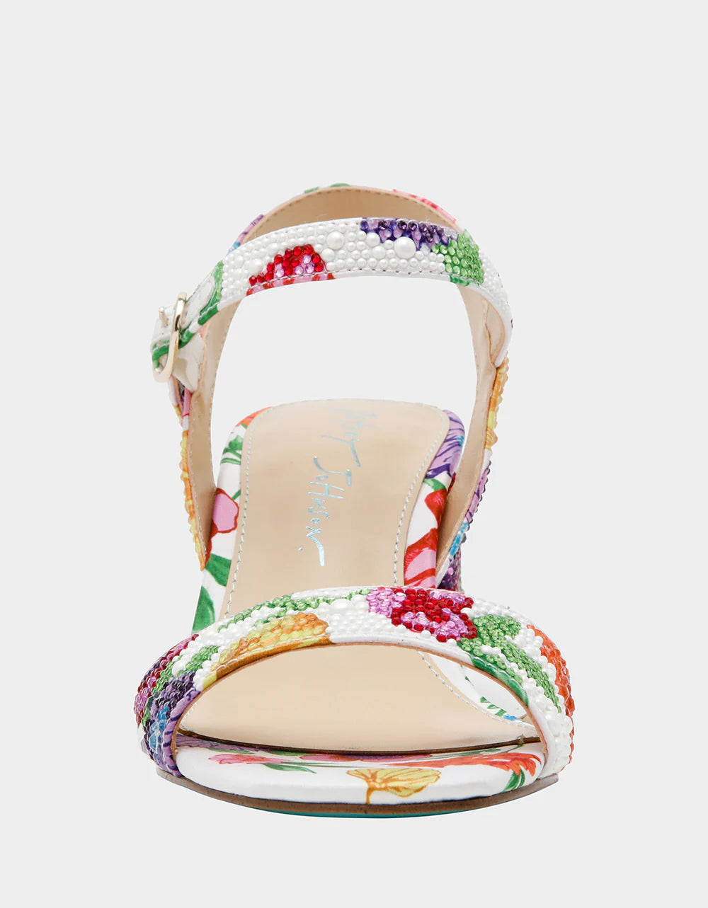 Colorful floral-patterned heel with buckle closure front view