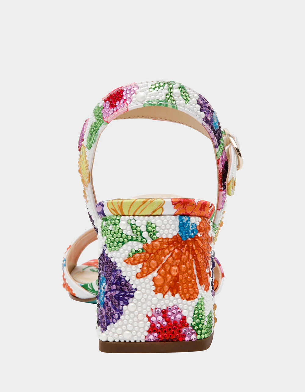 Colorful floral-patterned heel with buckle closure rear view