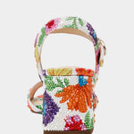 Colorful floral-patterned heel with buckle closure rear view