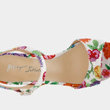 Colorful floral-patterned heel with buckle closure overhead