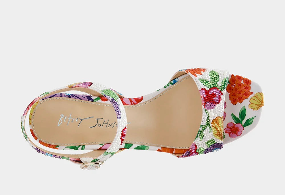 Colorful floral-patterned heel with buckle closure overhead