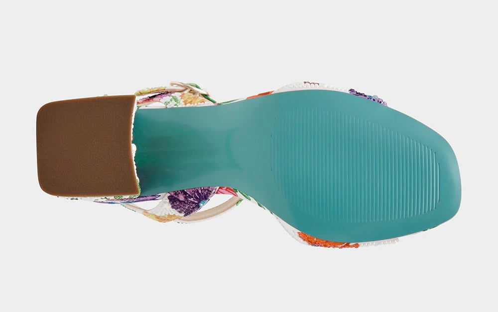 Colorful floral-patterned heel with buckle closure bottom view