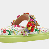 Colorful floral sandal with a green sole side view