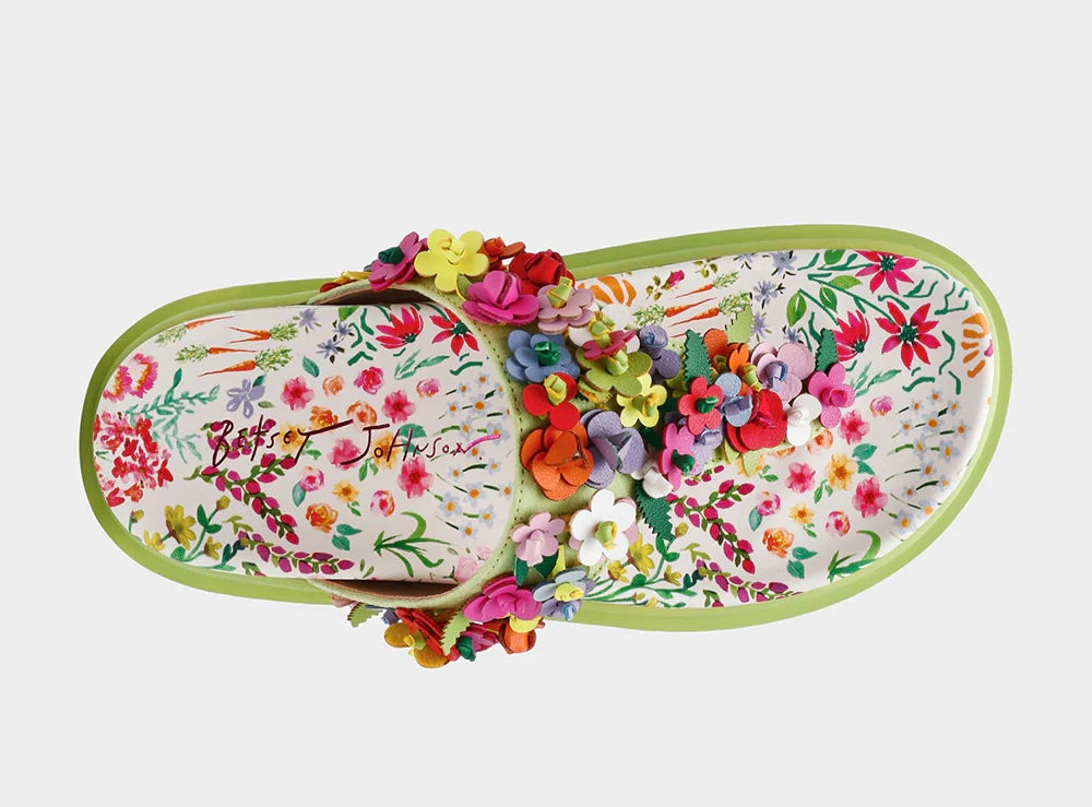 Colorful floral sandal with a green sole top view