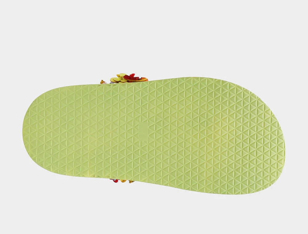 Colorful floral sandal with a green sole sole view