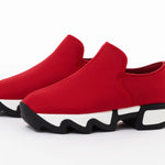 Red slip-on shoe with black & white sole pair