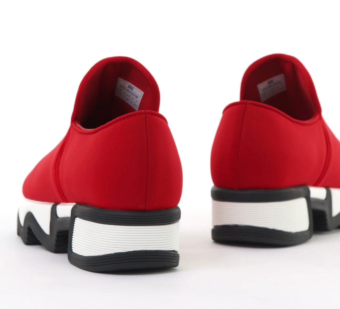 Red slip-on shoe with black & white sole heel alternate view