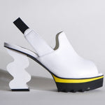 White heel with black & yellow sole close-up
