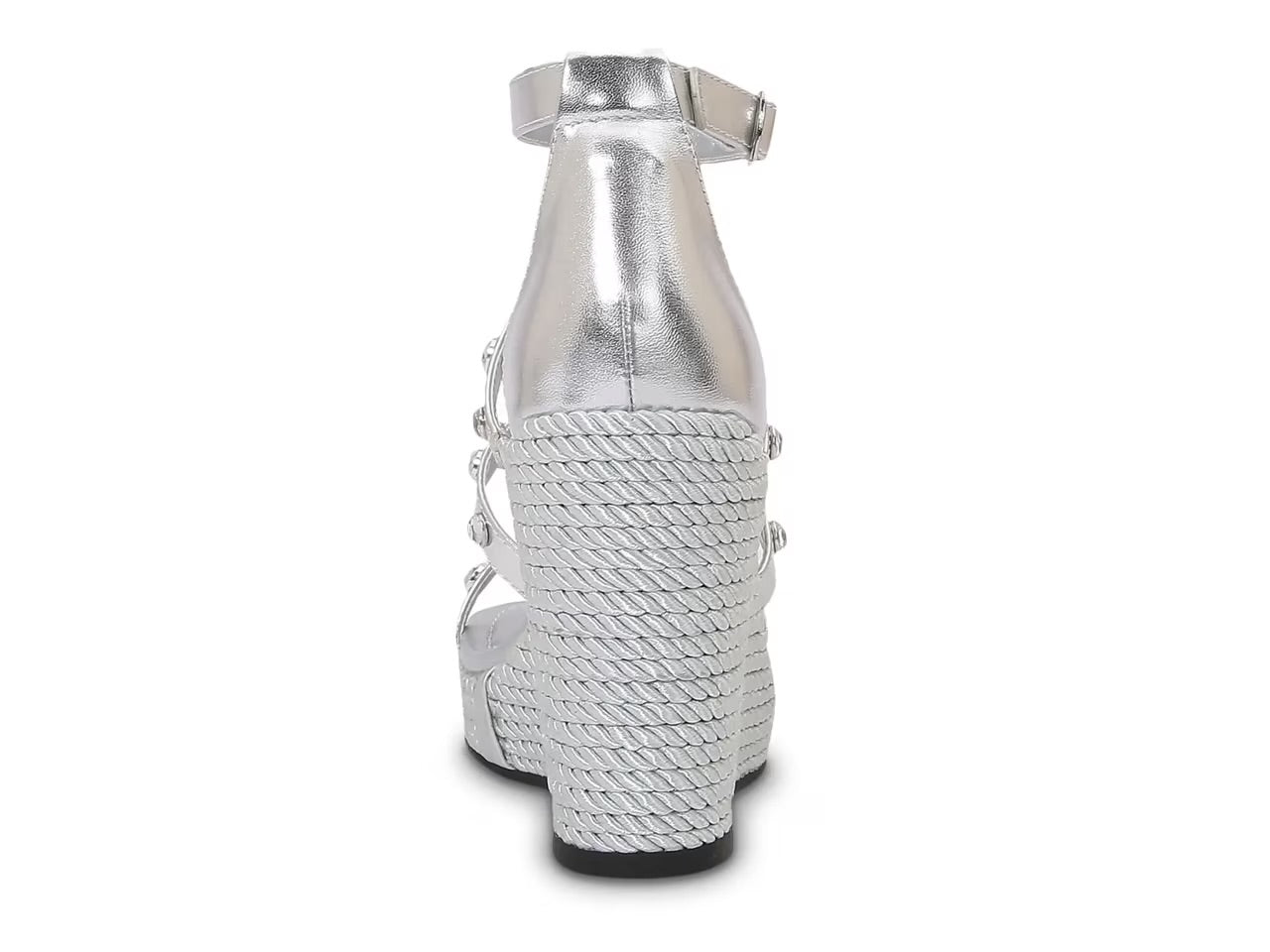 Silver wedge sandal with platform sole heel view