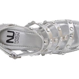 Silver wedge sandal with platform sole top view