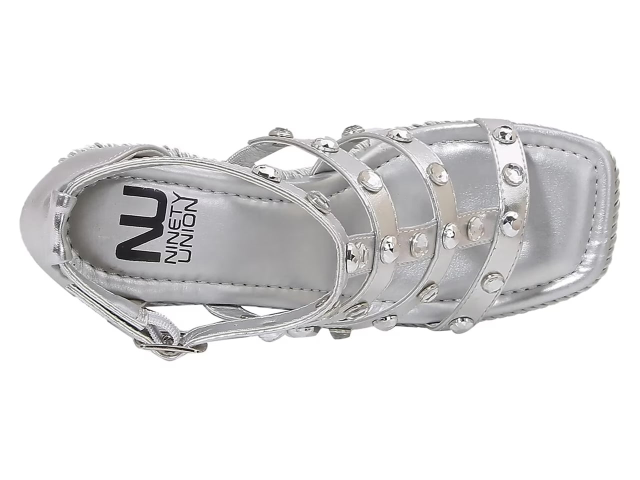 Silver wedge sandal with platform sole top view