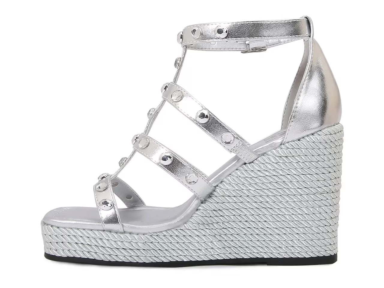 Silver wedge sandal with platform sole inner side view