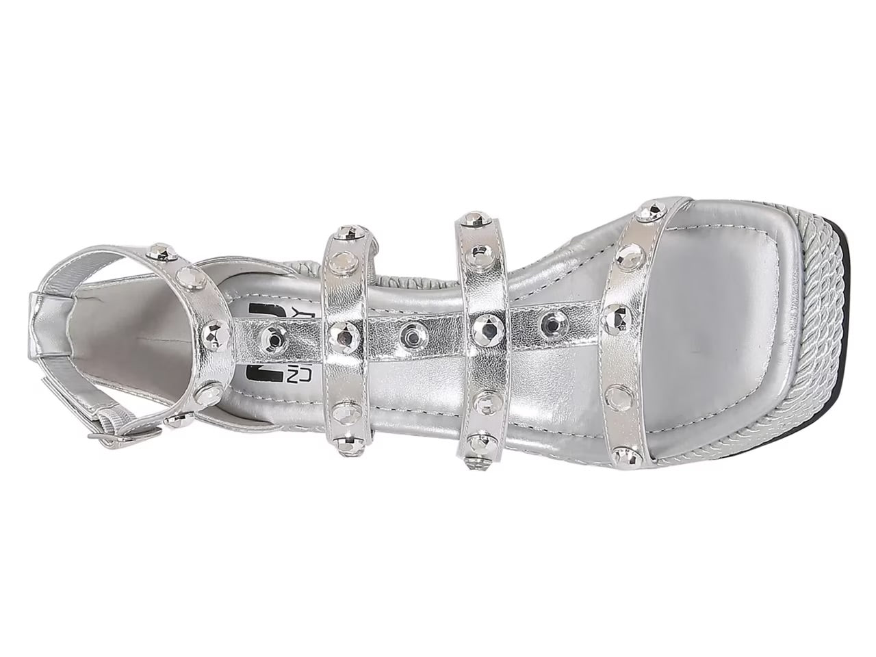 Silver wedge sandal with platform sole top view